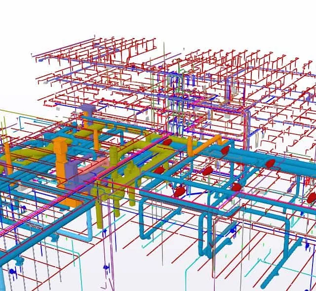 Kompleks 3D-modell av teknisk infrastruktur med fargede rør og kanaler.