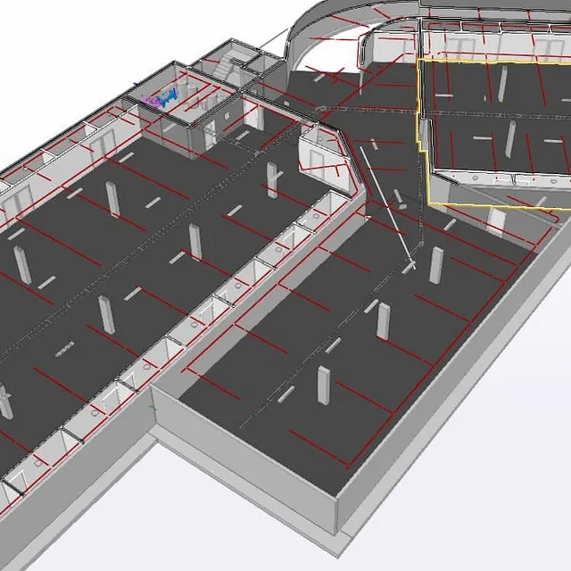 3D-modell av parkeringsanlegg med rørføring for sprinkleranlegg.