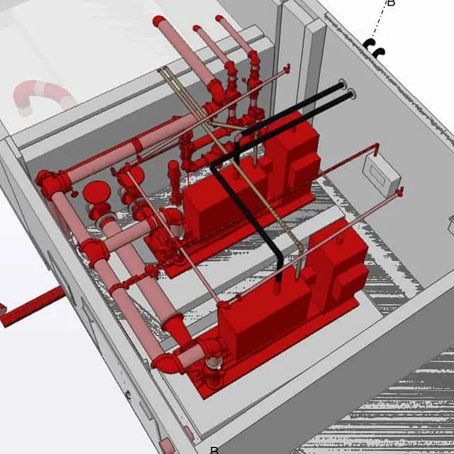 3D-modell av teknisk rom med rør og utstyr for VVS- og sprinkleranlegg.