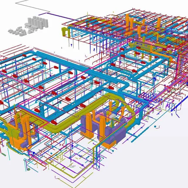 Perspektivbilde av teknisk 3D-modell med ventilasjon, rør og sprinkler.